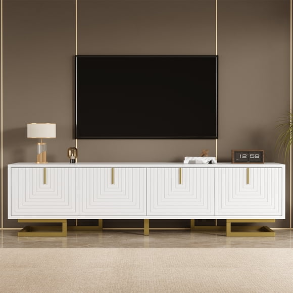 Homy Casa TV Stand with Textured Doors, Gold Handles & Legs
