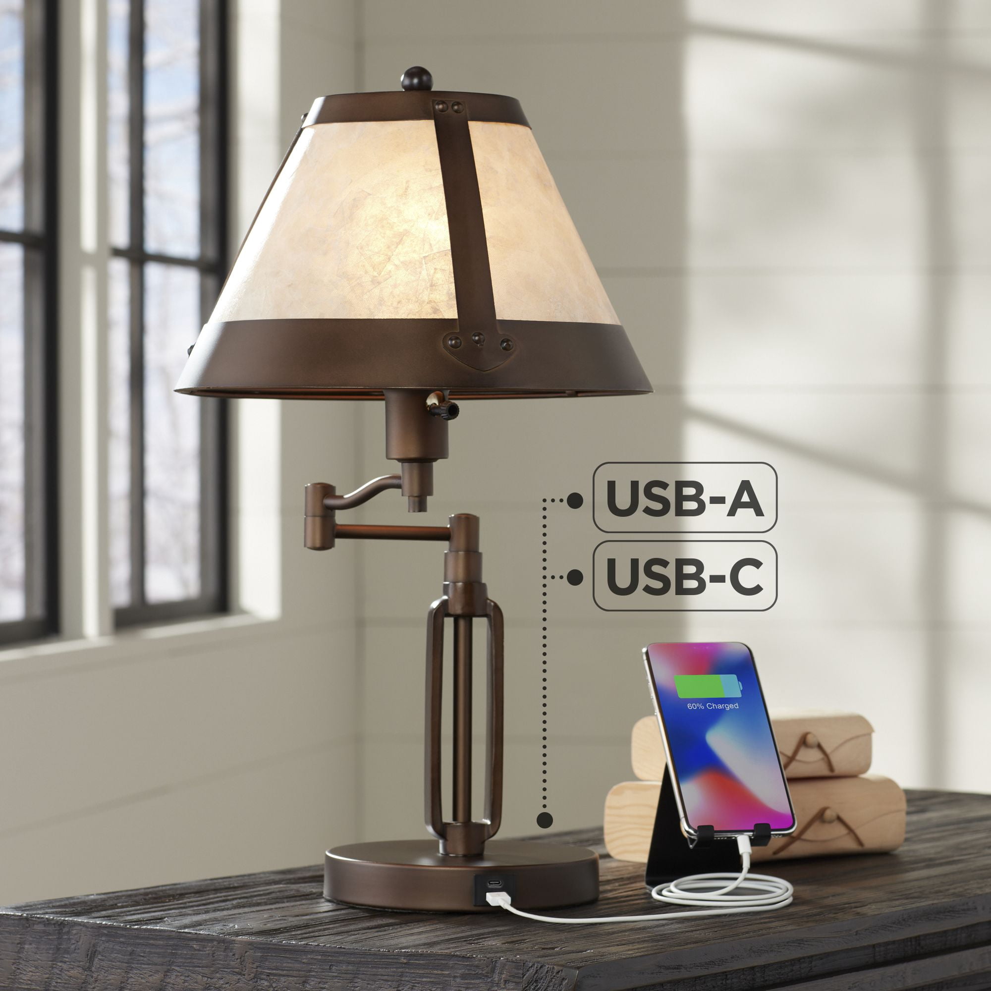 Franklin Iron Works Samuel Industrial Desk Lamp 21 1/4" High Bronze Swing Arm with USB Charging Port Natural Mica Shade for Bedroom Living Room House