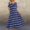 thumbnail image 2 of yunLCZ Women Shirts Summer V Neck Sleeve Striped Printed Long Dress Plus Size Casual Dress Women's Short Sleeve Shirts Navy S, 2 of 4
