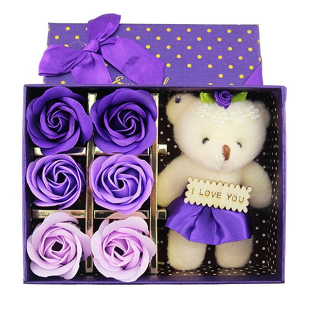 6Pcs Artificial Soap Rose Flower Bear Doll Valentine Day Gift Party Decoration