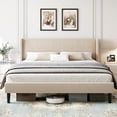thumbnail image 1 of Beige tamaño completo-size forrado marco de cama con wingback cabecero, velvet platform, wood slats, no necesita colchón base, easy to assemble, 1 of 7