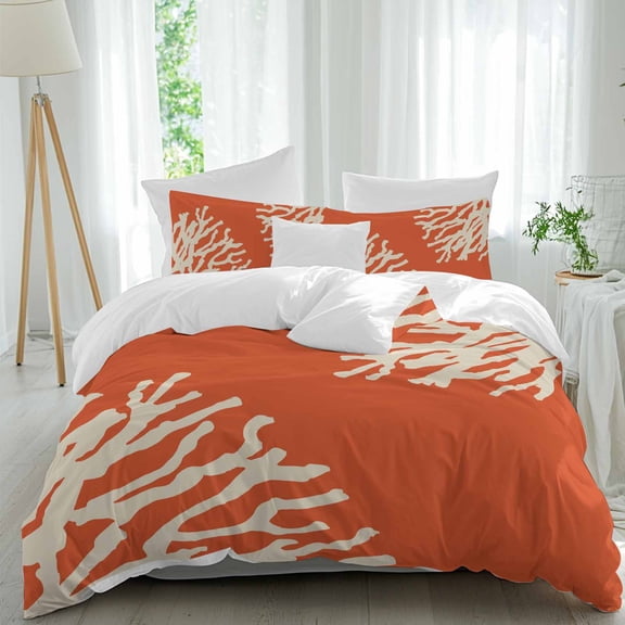 3 Piece Coral Orange Duvet Cover Set California King,Microfiber Comforter/Quilt Cover with Corner Ties and 2 Pillowcases,Coastal White Ocean Marine Nautical Beach Soft Bedding with Zipper Closure