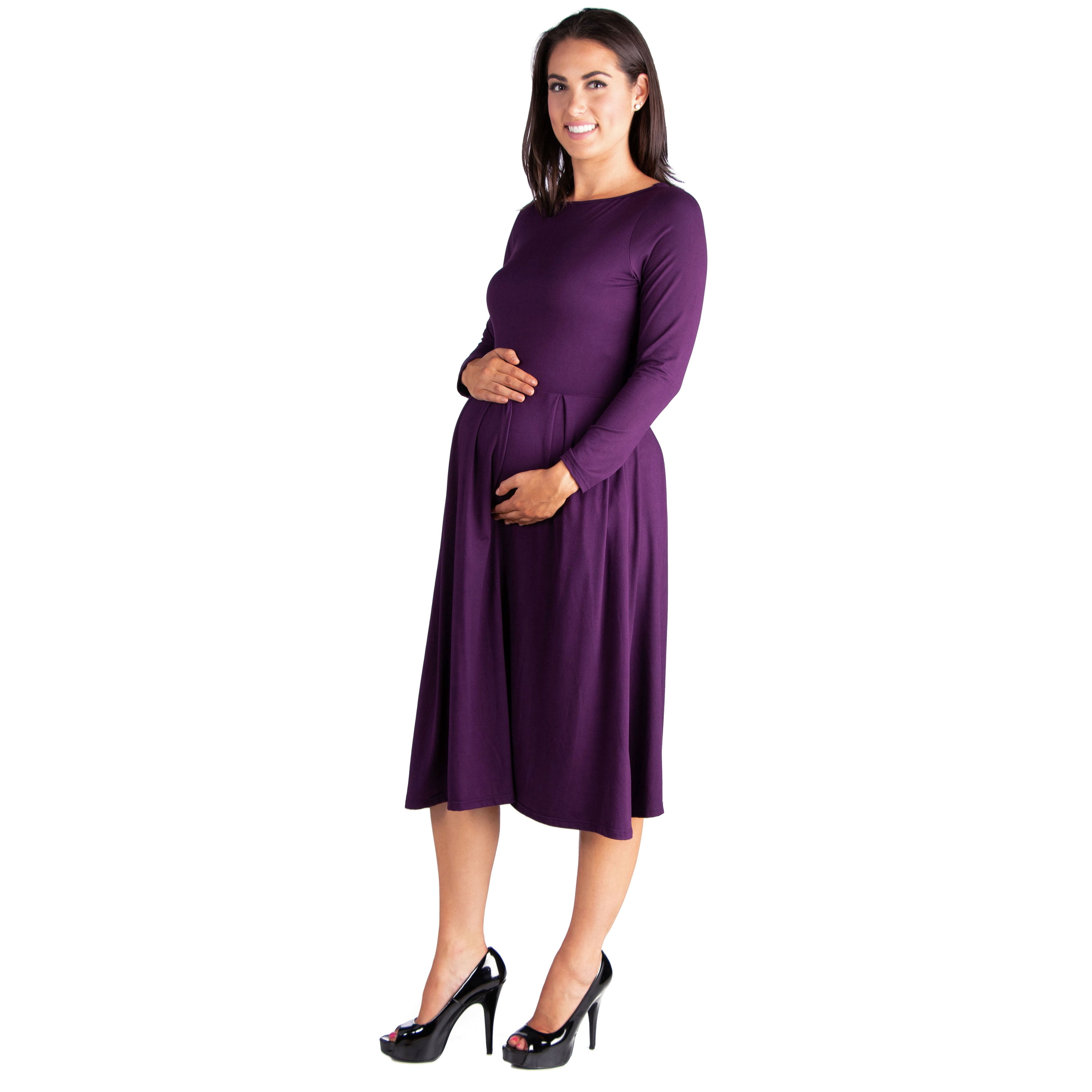 24/7 Comfort Apparel Long Sleeve Fit and Flare Maternity Midi Dress