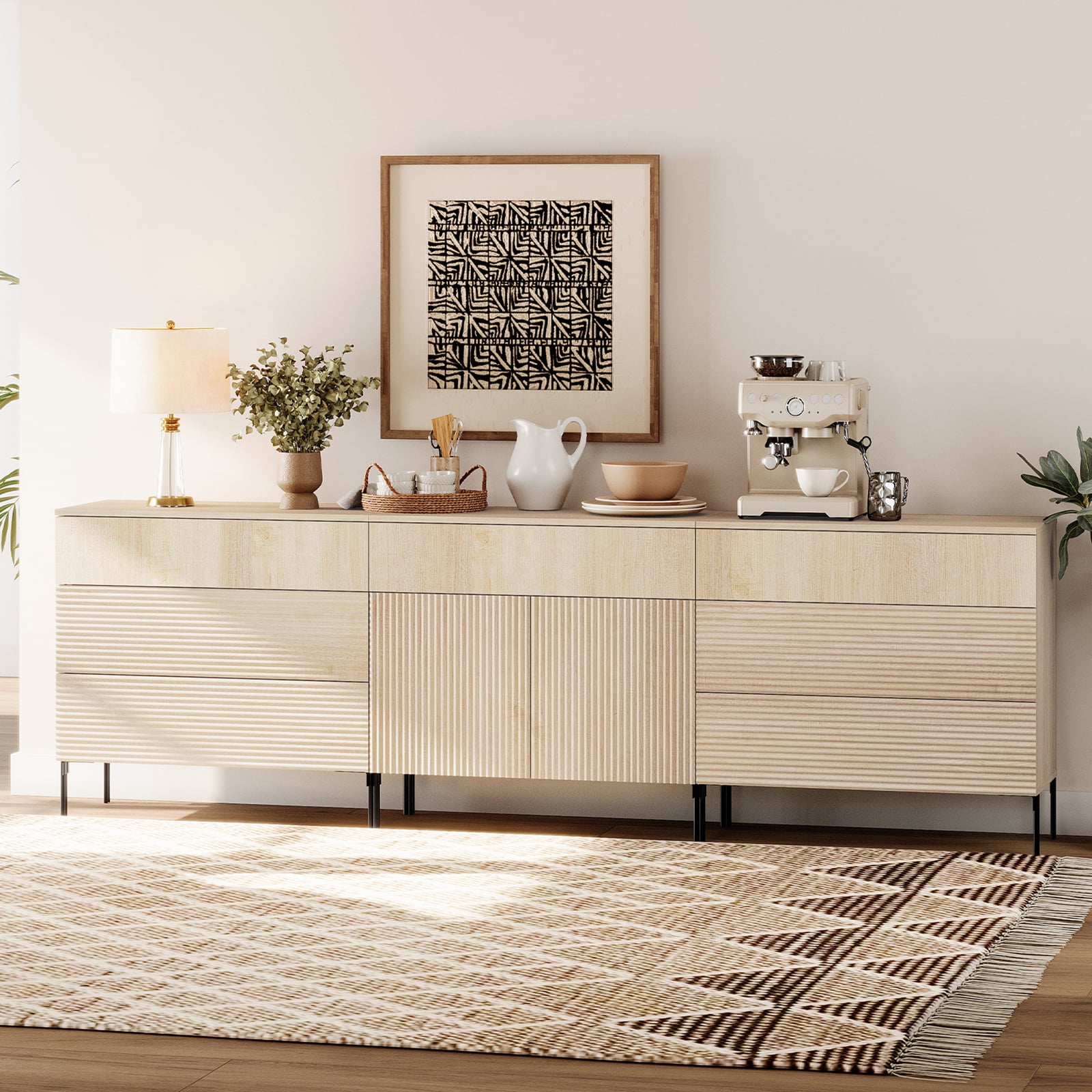 94.5" Reeded Accent Chest Set with Doors and Drawers, Modern Credenza Storage Cabinet with Metal Legs for Living Room, Kitchen, Dining Room, Hallway