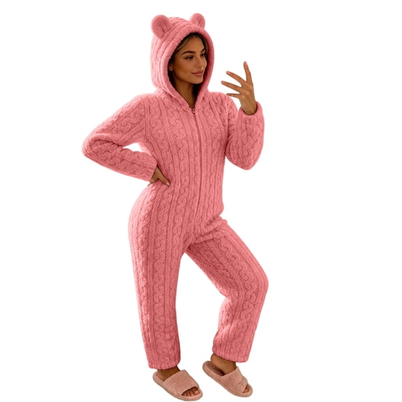 Karymi Women's Sleepwear Cable Knit Fleece Hooded Onesie Pajamas, Zip Front , Long Sleeve, Plush One Piece Loungewear, Cute Bear Ear Hood, Warm Winter Home Sleepwear