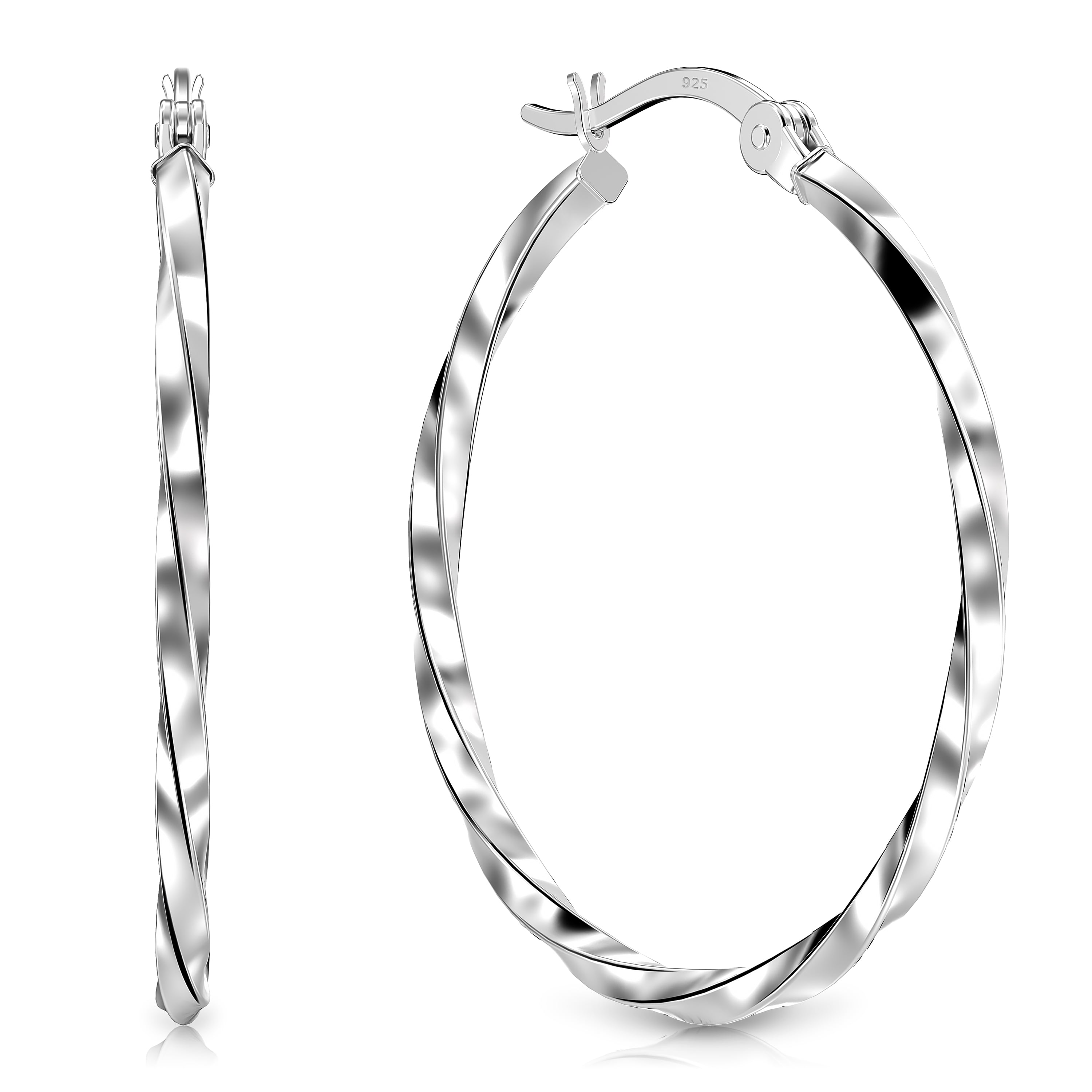 LeCalla Sterling Silver Hoop Earrings, Anti-Tarnish, 40mm, Twisted Round Click Top Design (Women's)