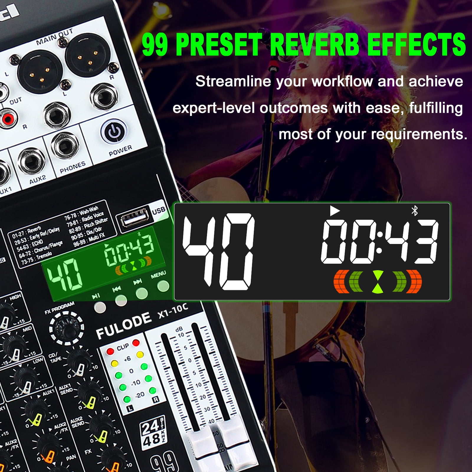Audio Mixer 10 Channel Professional Sound Mixer Console with 99 DSP Effects, Mixing Board DJ Mixer w/USB, Bluetooth, 48V Power Supply, PAD Button for Recording Karaoke PA Drum Live Music