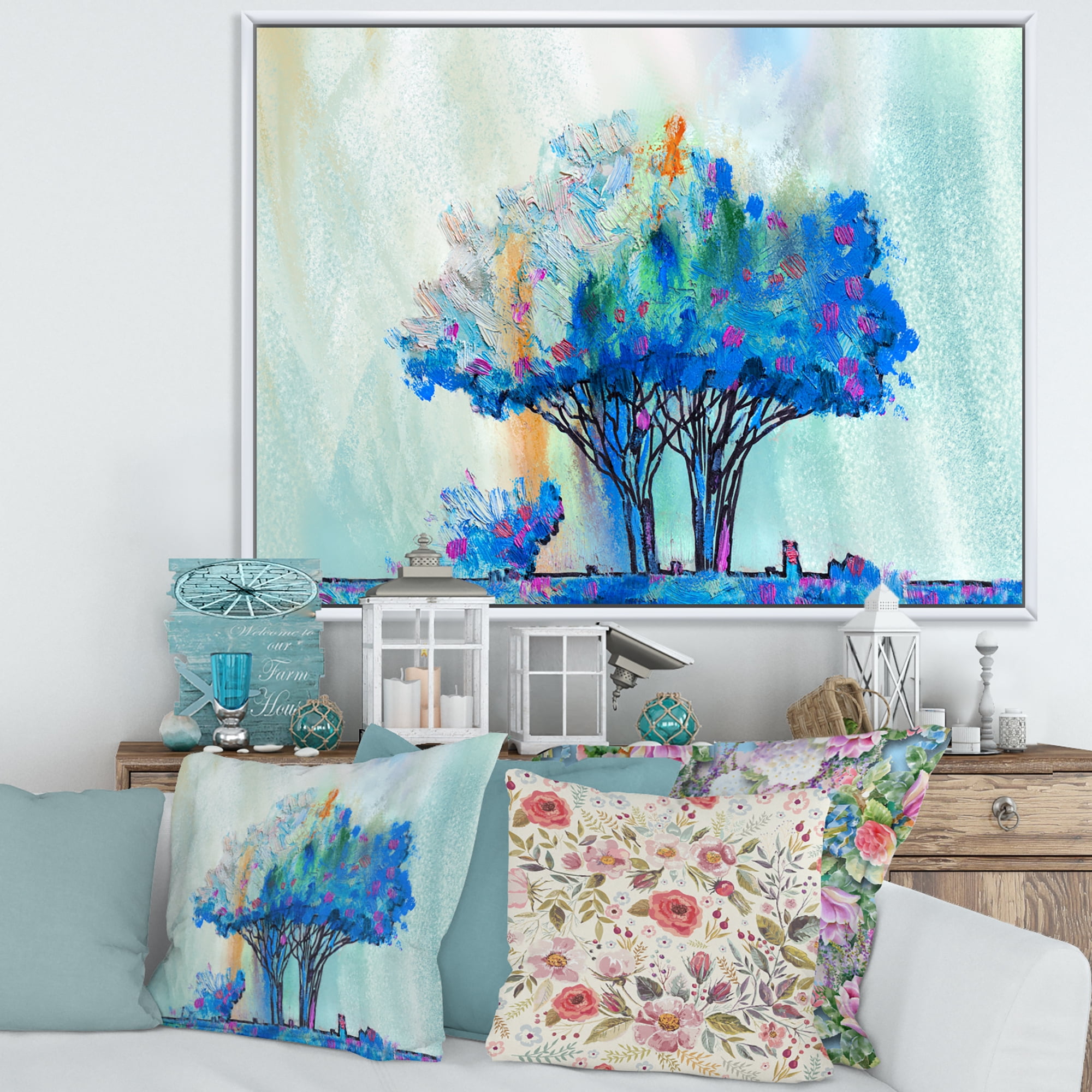 Designart 'Blue Coloured Tree Abstract Impression I' Modern Framed Canvas Wall Art Print