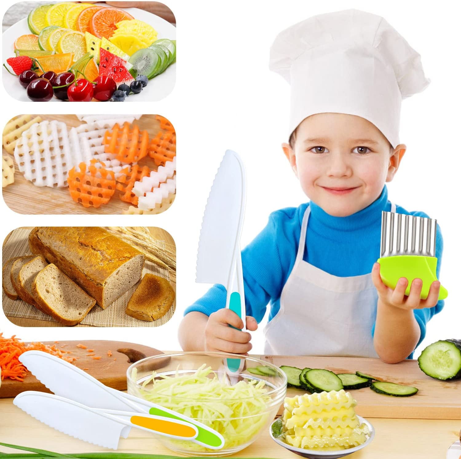 Playful Chef: 3 Safety Knives Set for Kids – Real Cooking Supplies – Safe  for Ages 5 & up – Plastic Blades with Serrated Edges