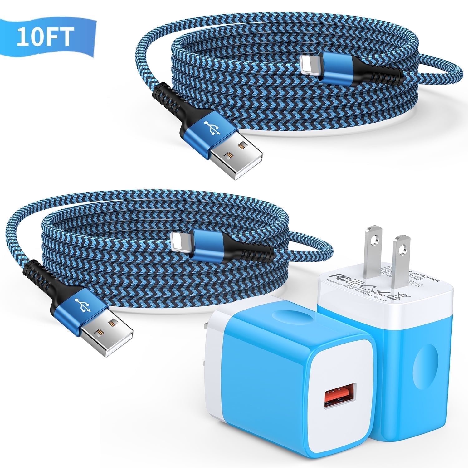 Compatible for iPhone Charger Fast Charging Bioonis 2 Pack 10FT USB Charging Cable with QC 18W Wall Charger Plug Charging Station Power Base Compatible for iPhone 14/13/12/11/Xs Max iPad Air(Blue)