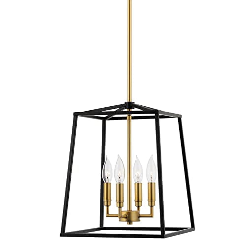 Kira Home Bellevue 16" 4-Light Modern Farmhouse Lantern Pendant Light, Adjustable Foyer Chandelier, Warm Brass Accents + Black Finish