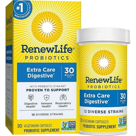 Renew Life Extra Care Digestive Probiotic Capsules, Daily Supplement Supports Immune, Digestive and Respiratory Health, L. Rhamnosus GG, Dairy, Soy and gluten-free, 30 Billion CFU, 30 Count