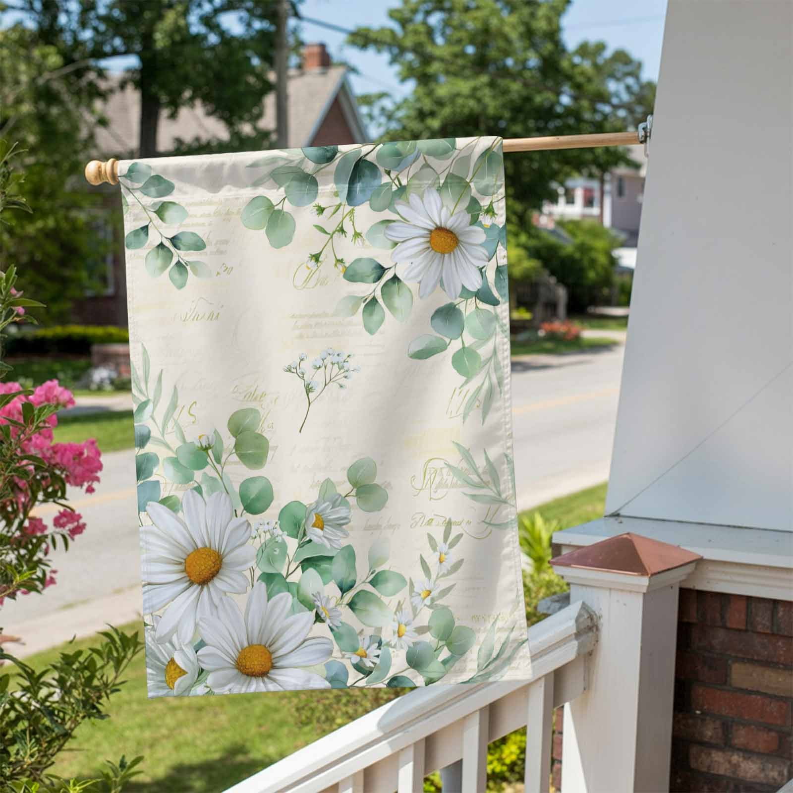 Daisy Eucalyptus Leaves House Flag 28 x 40 Inches, Floral Spring Vintage Countryside Weather Proof Outdoor Patio Flags Double Sided Small House Decoration for Yard Lawn Outside Home