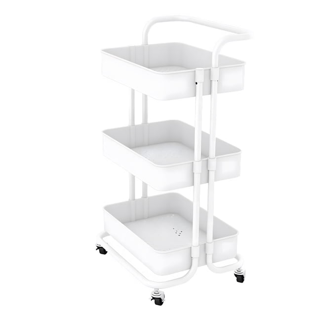 Three-Tier Rolling Multi-Purpose Cart, Storage Cart with Handle, Multi-Function Organizing Cart with Braked Casters, Suitable for Bathroom, Laundry, Kitchen, Office - Black