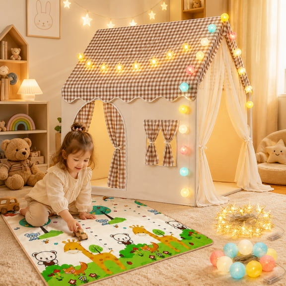 INSMART Kids Play Tent with Crawling Mat and Lights Set Large Indoor Playhouse Castle Foldable Gift for Boys and Girls