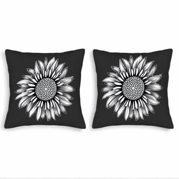 Set of 2 Monochrome Sunflower Throw Pillow Covers 18x18in - Elegant Black Background with Detailed Gray Floral Design for Couch Bed Car