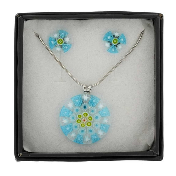 GlassOfVenice Murano Glass Millefiori Necklace and Earrings Set - Round Blue