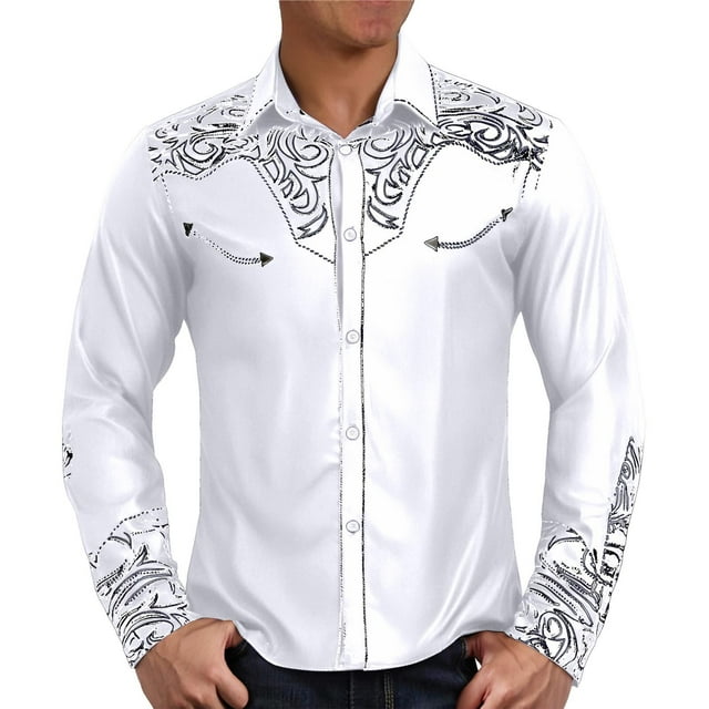 Chemises Décontractées pour Hommes Motif Western Rétro Européen Chemise à Manches Longues à Col Rabattu T-Shirts Homme Blanc G