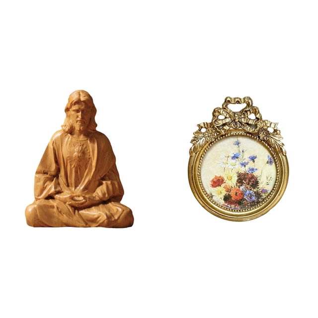 Estatua del Corazón de Jesús,Estatua del Sagrado Corazón de Jesús para decoración del hogar,Marco de fotos redondo,Pequeño cuadro vintage dorado para pared,Marco de fotos de resina