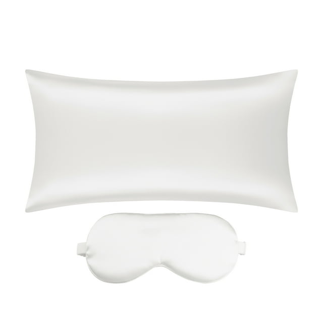 Funda de almohada de satén REGALWOVEN con cremallera oculta y máscara para dormir blanca estándar