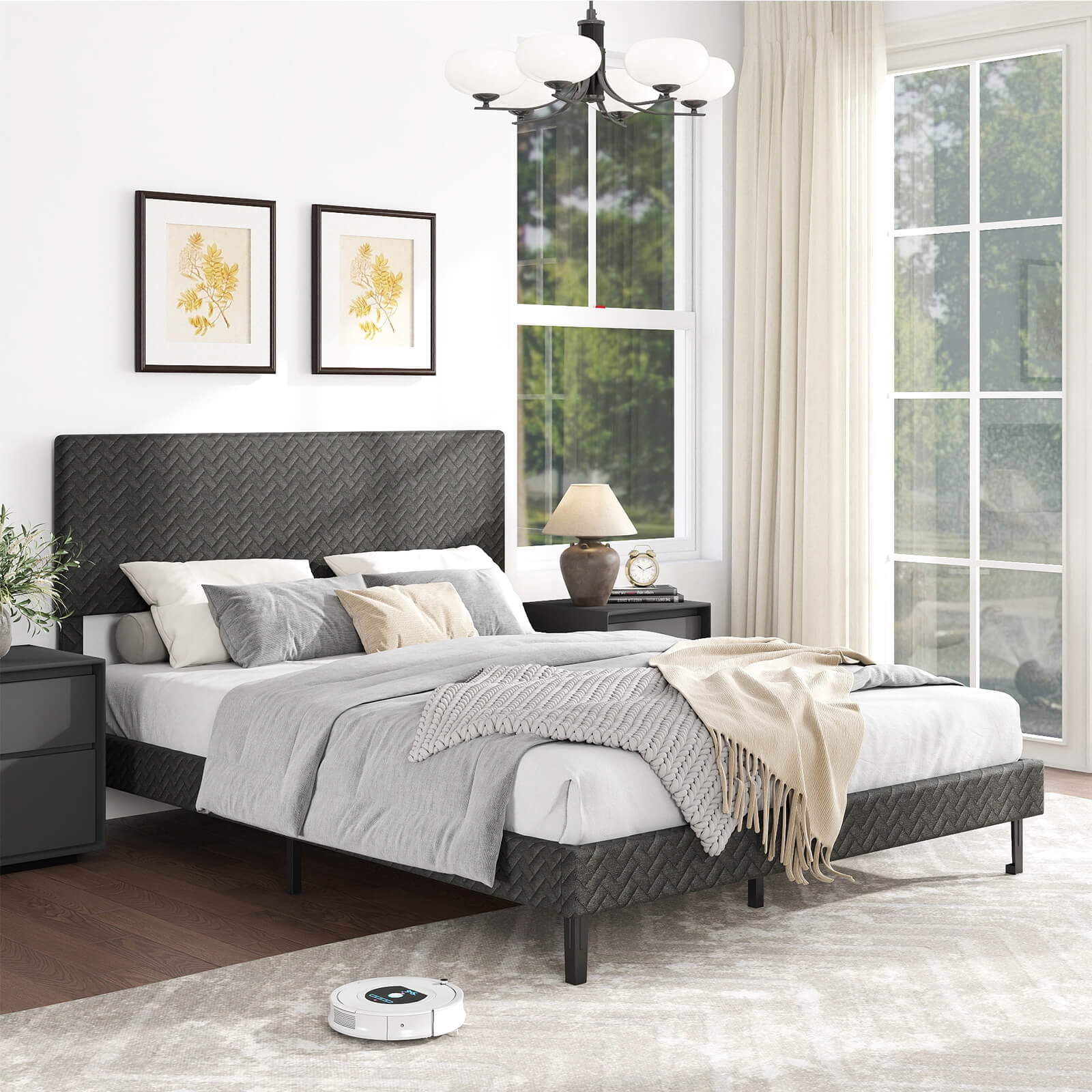 Costway Queen Size Bed Frame with Height Adjustable Chevron Headboard, No Box Spring Needed Gray
