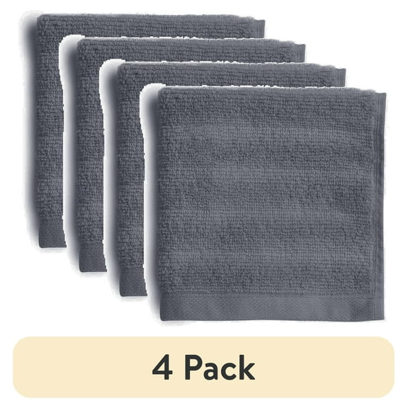 (4 pack) Mainstays Performance Cotton Washcloth, Super Soft Quick Dry Fade Resistant, Textured Grey