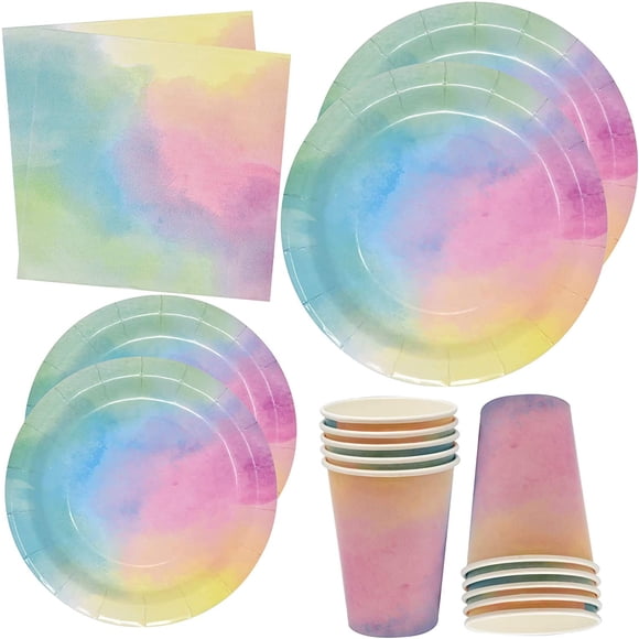 Ensemble de Vaisselle de Fête Aquarelle Pastel Arc-en-Ciel 24 Assiettes 9 Pouces 24 Assiette 7 Pouces 24 Tasses 9 Oz 50 Serviettes de Table pour Fêtes d'Anniversaire Ombrées Colorées B