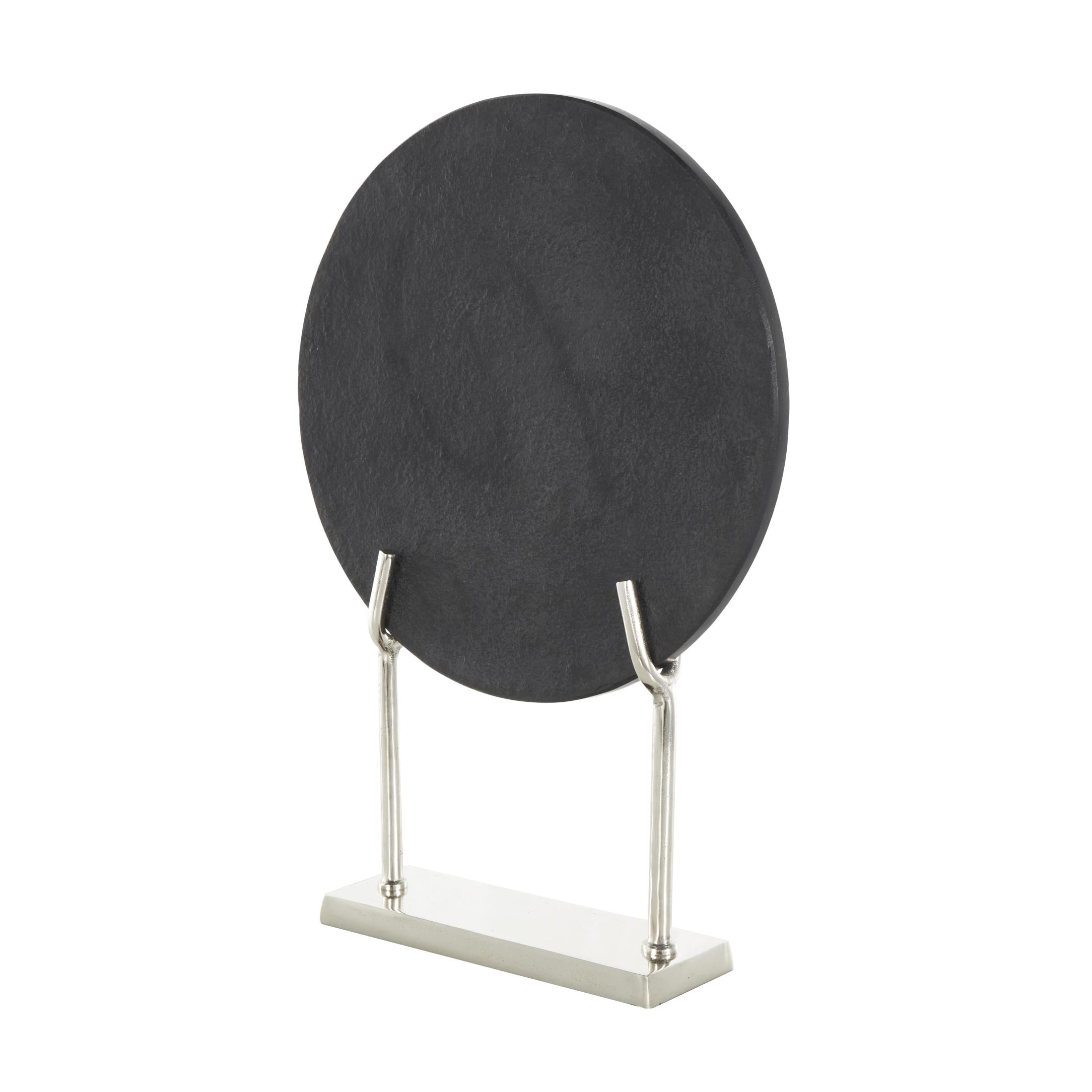 14" x 20" Black Marble Textured Disk Abstract Sculpture with Silver Stand, by DecMode