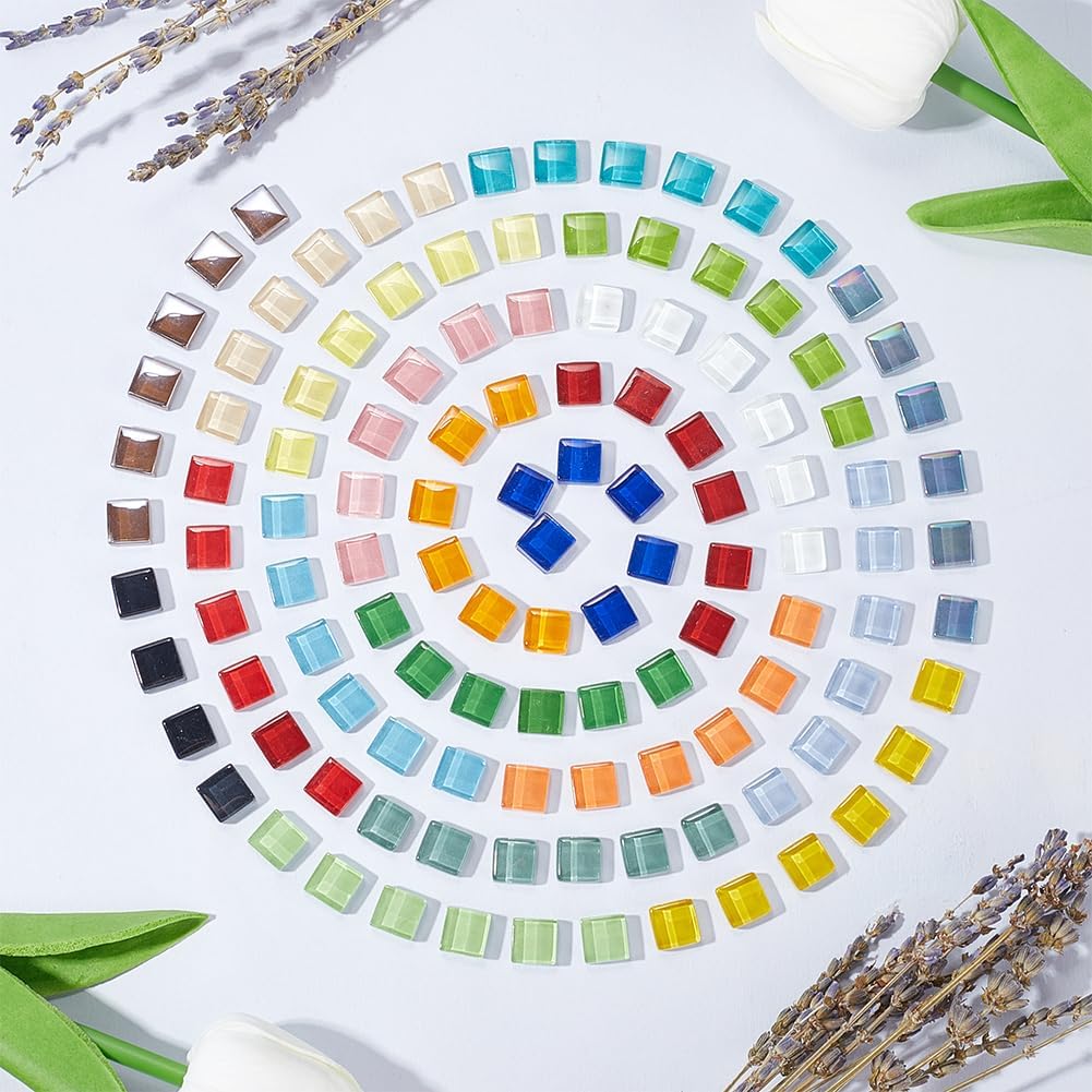 1set 500G/1.1lb Mosaic Glass Tiles Glass Mosaic Square Pieces 10mm Colorful Assorted Colors Glasses Tile Cabochons Piece Bulk for Adults Handmade DIY Crafts Home Art Decoration Supplies Colorful DIY