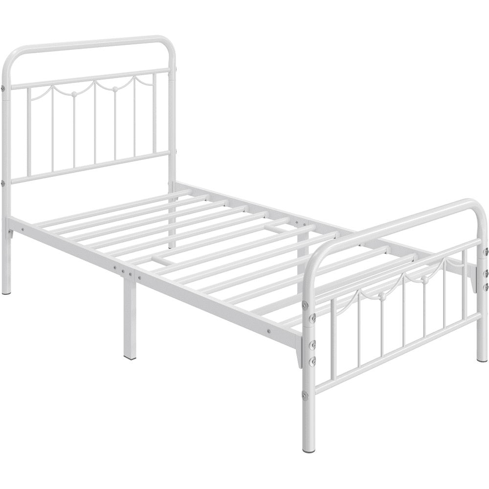 Alden Design Metal Platform Bed with Vintage Headboard and Footboard, Twin, White, Adult