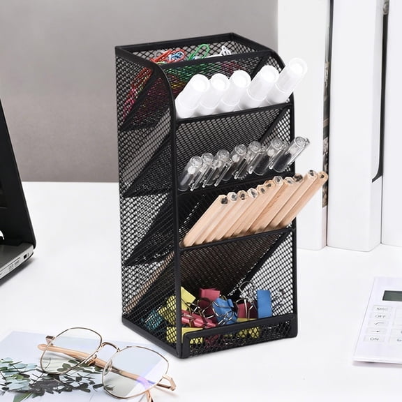 Metal Mesh Desk Organizer Pen Holder With Slanted Compartments for Office Makeup Brushes and Small Supplies Storage