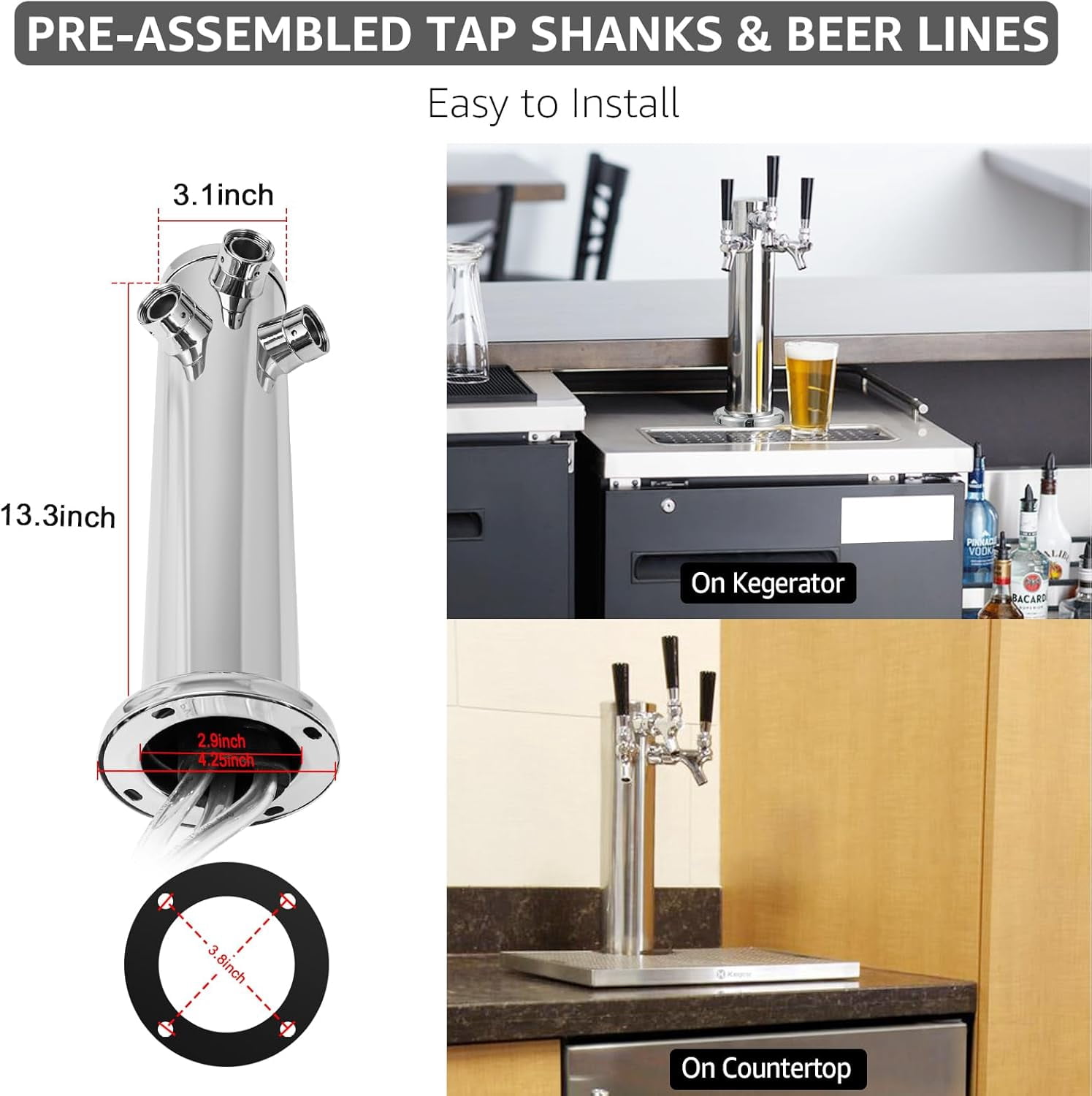 3 Tap Kegerator Tower Beer Dispenser with Stainless  Faucets and Pre-Installed Lines for Homebrew