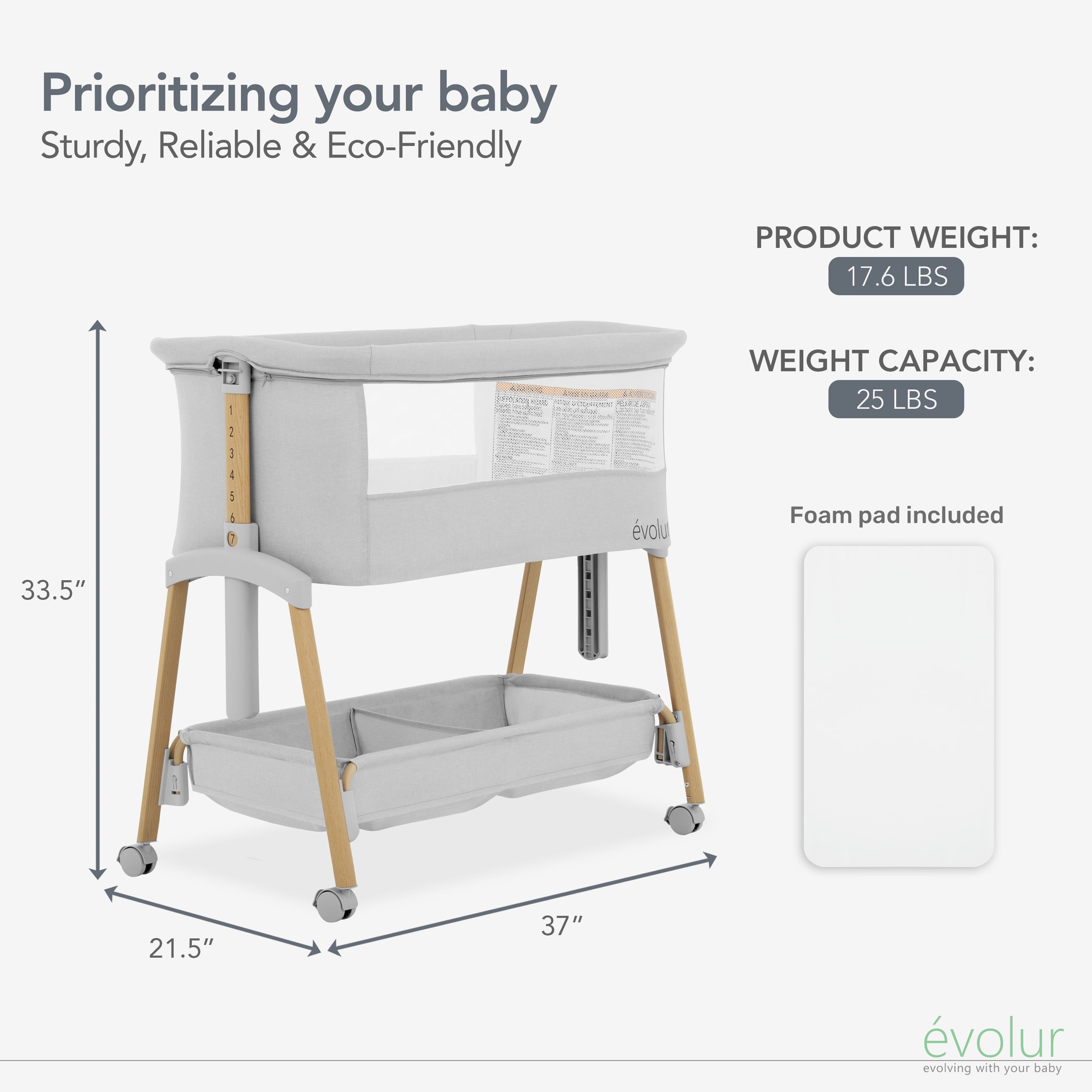 Evolur Lullaby Portable Bassinet With Wheels, Light Gray