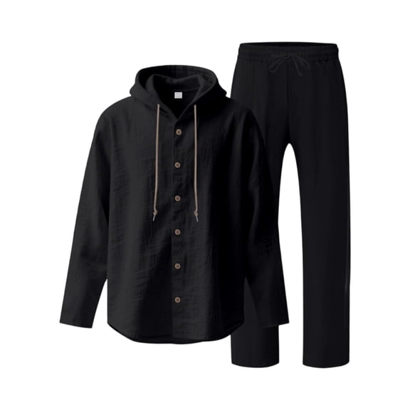 GrmtClth Linen Sets Outfits for Men Summer Hoodie Clothes Breathable Long Pants Button Down Long Sleeve Trend 2 Piece Set Black M