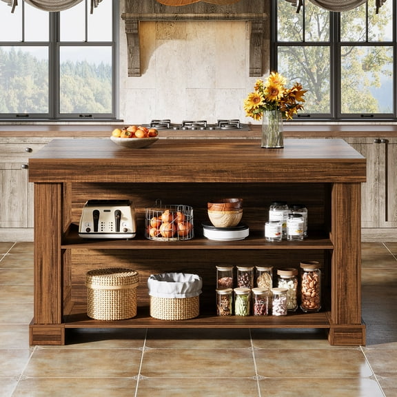 Finmind Kitchen Island with 3 Shelves, 55-Inch Kitchen Shelf with Large Worktop for Kitchen Living Room, Dark Brown