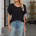 thumbnail image 2 of Stichou Women's Casual Tops 2026 Round Neck Basic Pleated Short Sleeve Loose Fit Curved Back Chiffon Blouses Tshirts Black L, 2 of 7
