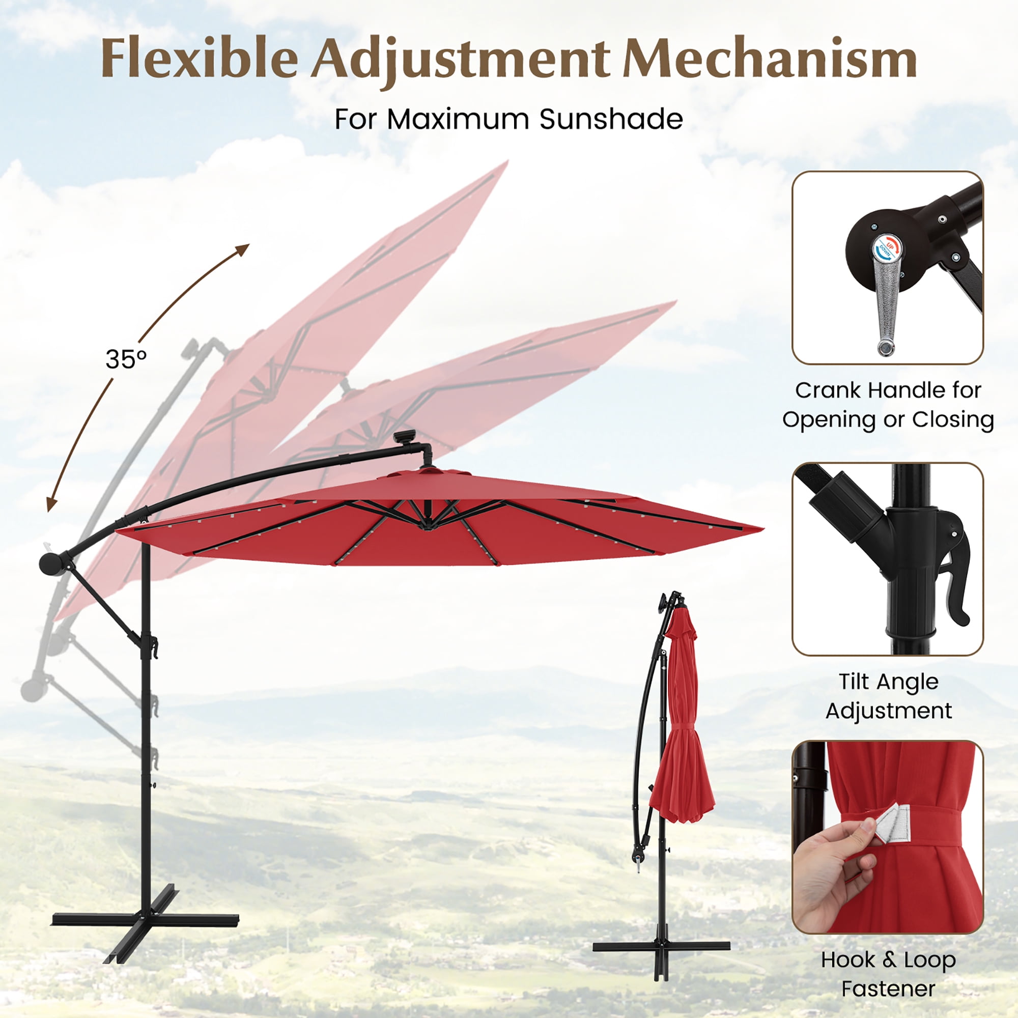 Gymax 10ft Solar Patio Umbrella Outdoor Offset Hanging Umbrella w/ 40 LED Lights Red