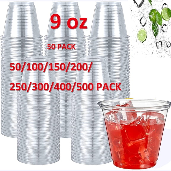 50 Pack 9 oz Clear Plastic Cups, 9 Ounce Disposable Plastic Drinking Cups, Crystal Clear PET Plastic Cups for Parties, Wedding, Christmas Day