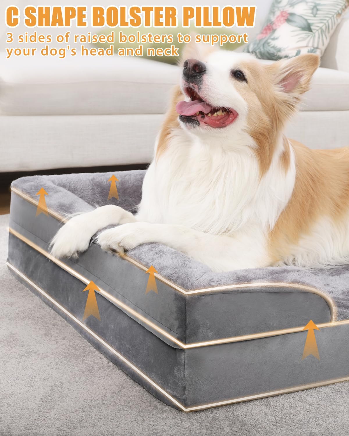Orthopedic Dog Beds Large Sized Dog Waterproof XL Dog Bed with Sides Non-Slip Bottom Extra Large Dog Couch Bed with Washable Removable Cover, Gray, 44x32inch