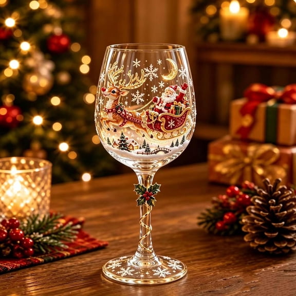 Christmas cups, 3D Christmas glass art cups, 3D three-dimensional handleless festive wine glasses, tableware, suitable for and juice, Christmas glassware for festive parties and holiday gifts-E