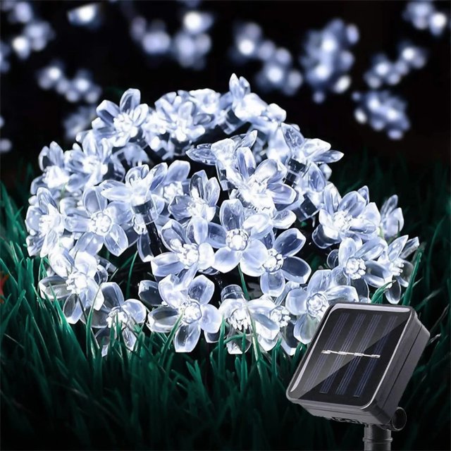 Guirnalda de luces solares con forma de flor de cerezo, 7 m, 50 LED, 8 modos, para decoración de jardín, Navidad, patio, interior, color blanco frío