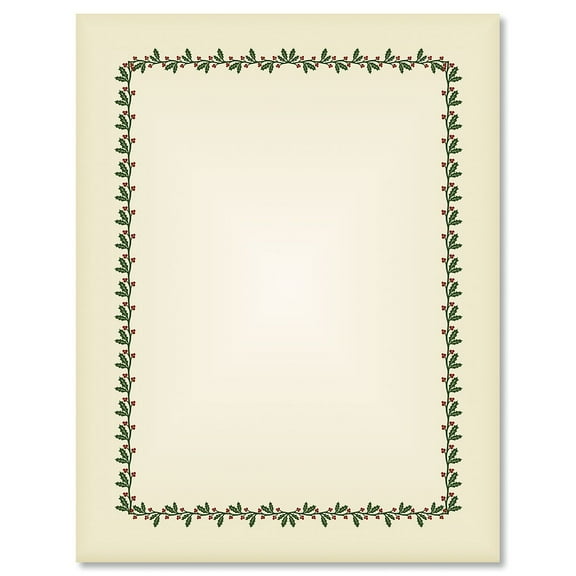 Ecru Holly & Berry Frame Christmas Letter Papers - Set of 25 Christmas stationery papers are 8 1/2" x 11", compatible computer paper