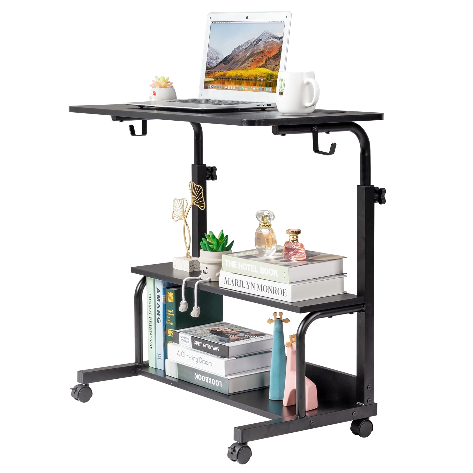 Adjustable Computer Desk with 3 USB + 2 AC Outlets, Black Wood Grain P2 15MM Particle Board with Melamine Coating