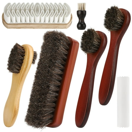 Armscye 7Pcs Horsehair Shoe Brush Kit, Premium Leather & Suede Cleaner Brush Set with Soft Bristle, Shoe Polish Applicator, and Cleaning Tools
