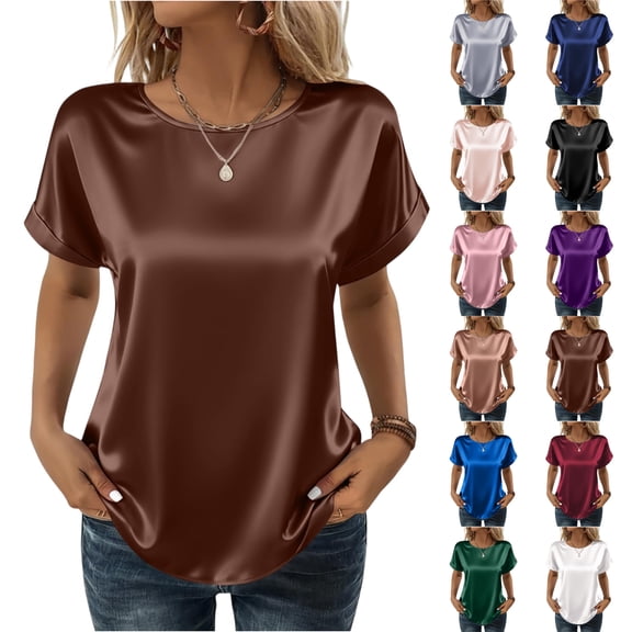 Satin Blouse for Women Business Casual Short Sleeve Tops Crewneck Silk Summer Shirt Light pink L