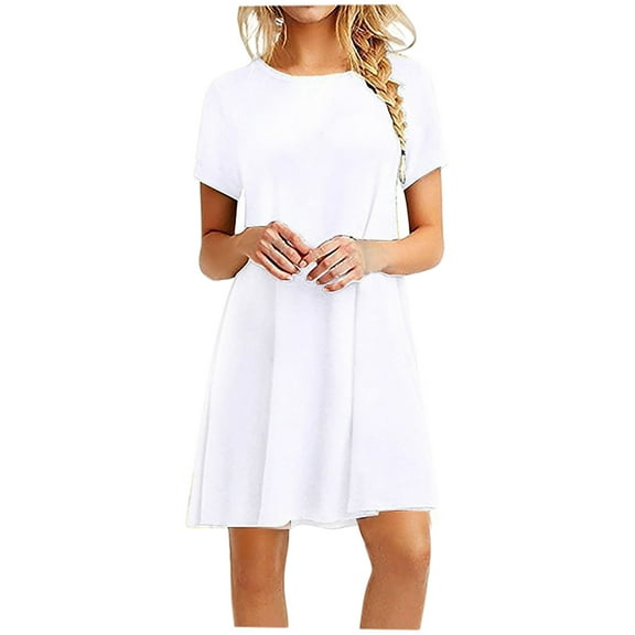 Cagogo Summer Spring Casual Loose Mini T Shirt Sun Dress for Womens Under $10 Short Sleeve Plain Swing Flowy Petite Dresses Crew Neck Tunic Holiday Outfits Western Dress