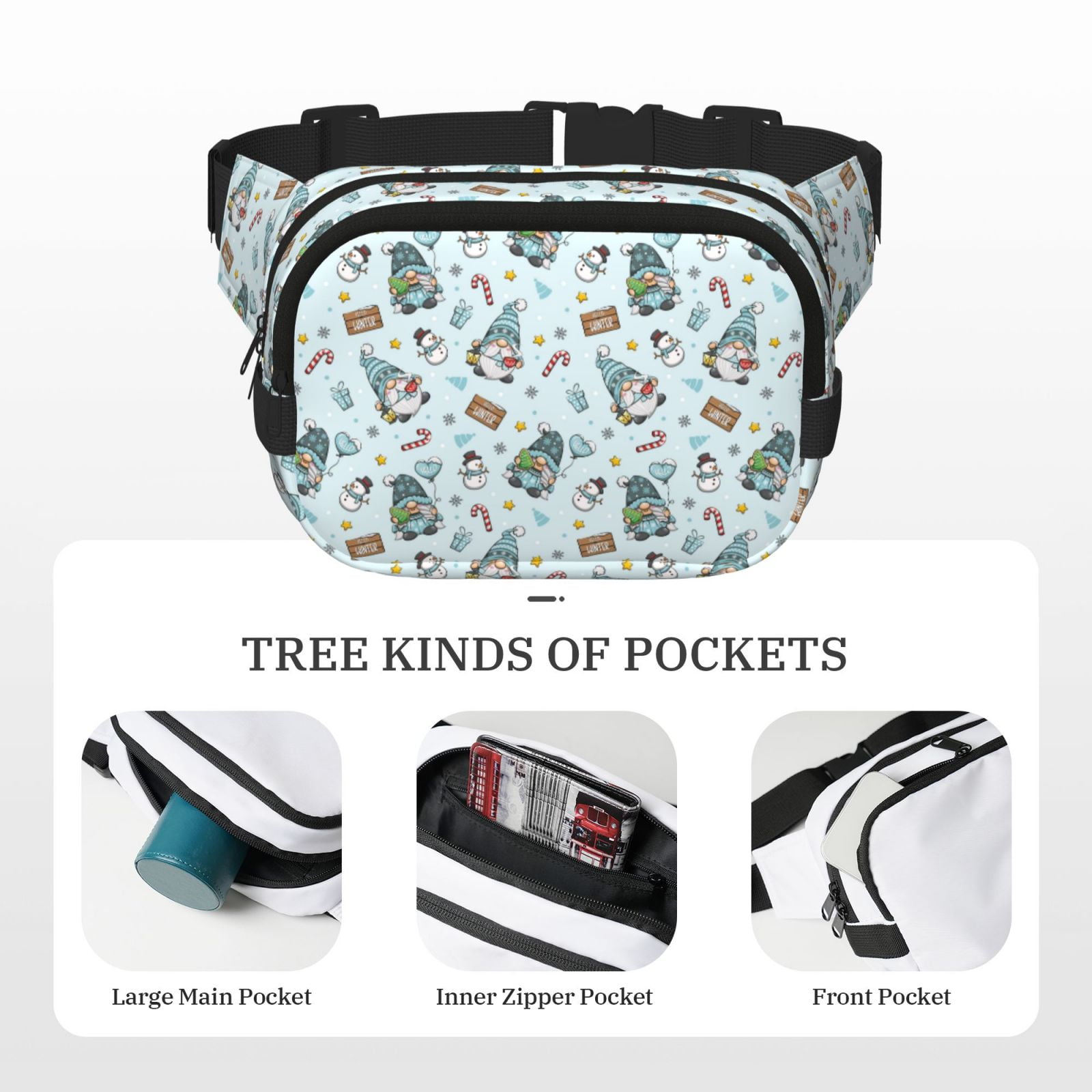 Picia Winter Wonderland Light Blue Print Square Double-Layer Waist Bag Mini Adjustable Waist Belt Bag Exercise Running Travel Hiking
