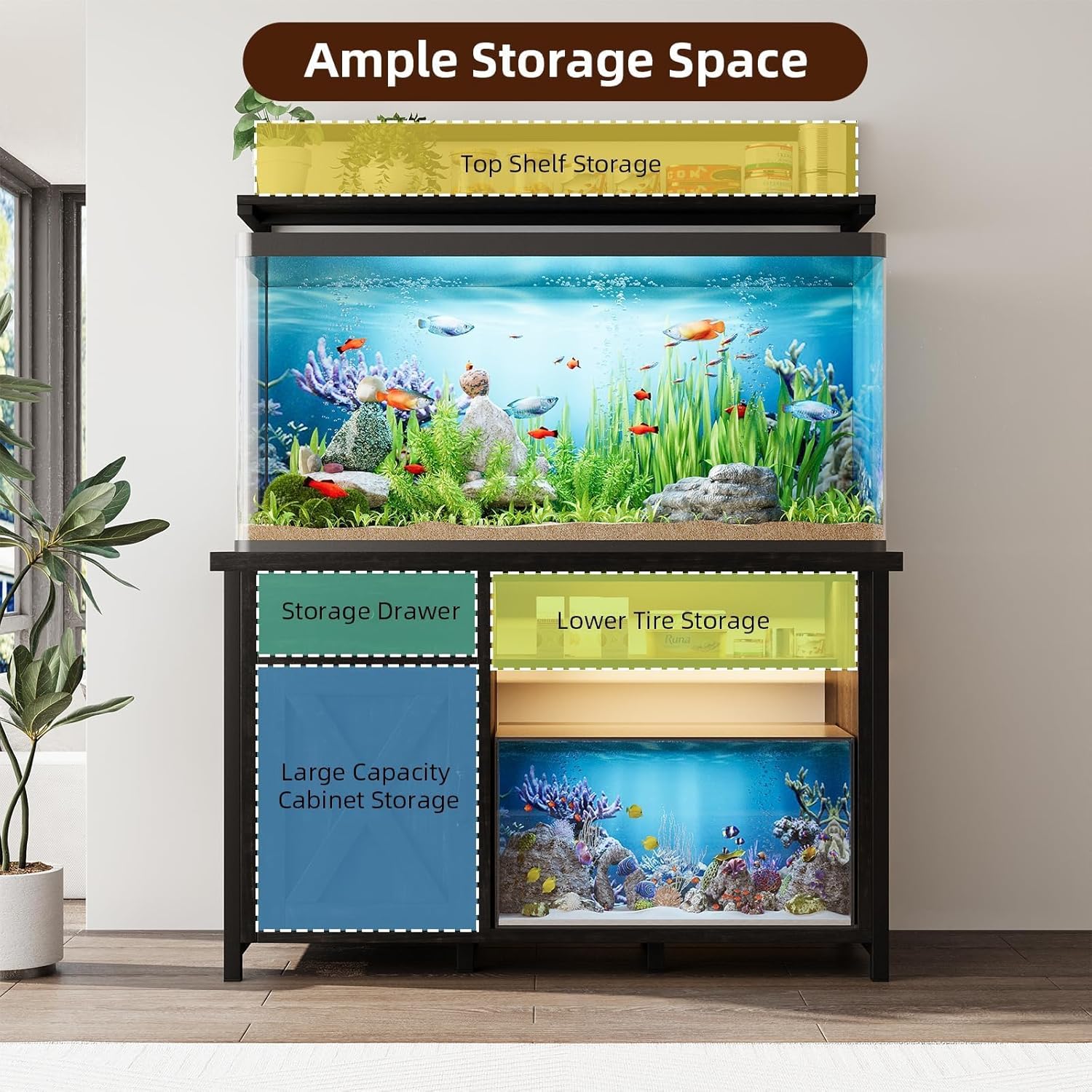 DreamCurship Fish Tank Stand with Power Outlet and Led Light, Cabinet for 55-75 Gallon Aquarium, RGB Lighting Strip Ideal for Turtle Enclosure, Supports up to 1100 Pounds, Oak