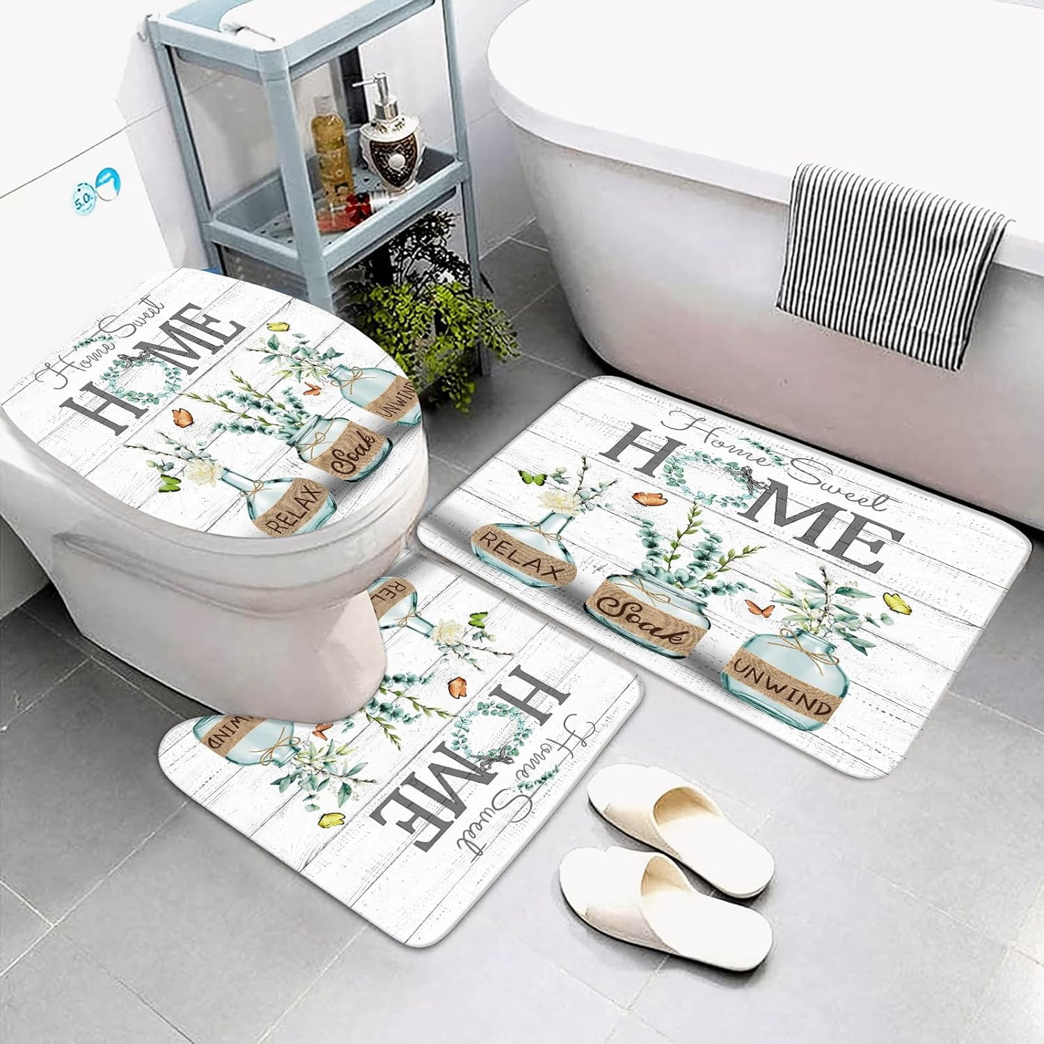 4 PCS Green Eucalyptus Shower Curtain Sets Home Sweet Bathroom Set with Shower Curtain and Rugs and Accessories Farmhouse Country Shower Curtain Bathroom Decor with 12 Hooks 72 X 72 Inch