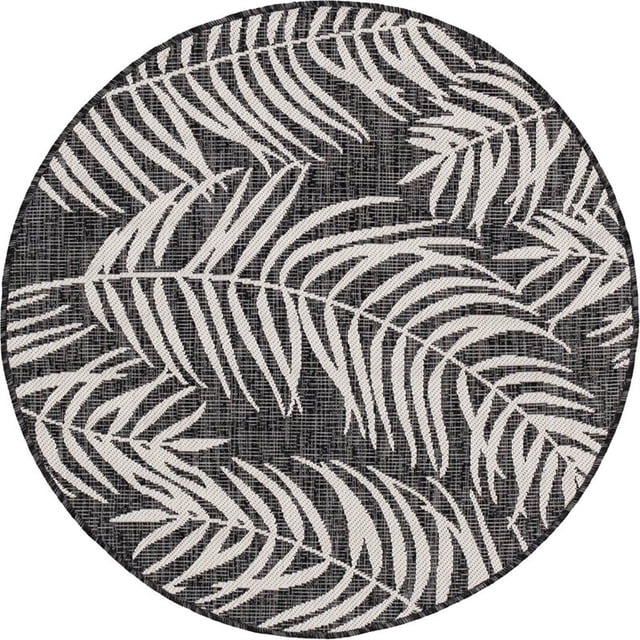 Unique Loom Outdoor Botanical Bohemian Leaves Rug 4' x 4' Round Black/Ivory